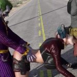Harley Quinn Joker Batman openbare trio op snelweg in Texas.